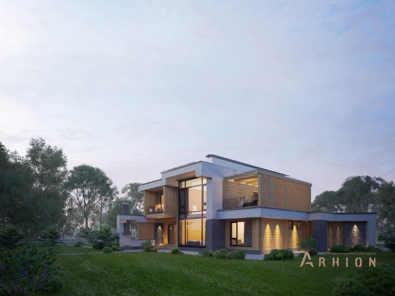 2. Проект двухэтажного дома в стиле хай-тек с плоской кровлей , rh-319, площадью - 328 кв c терассой, балконом, гаражом